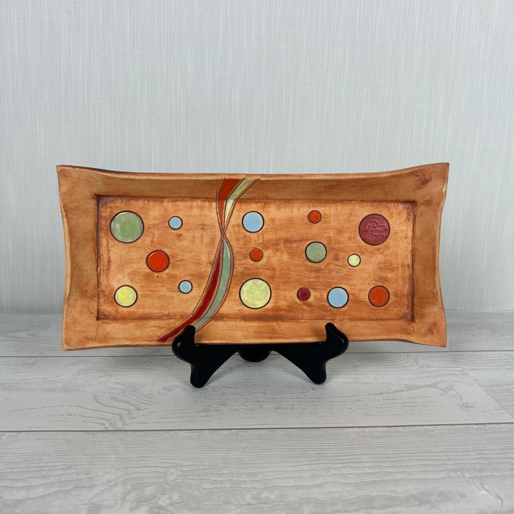 Handbuilt Stoneware Tray with Abstract Whimsical Polka Dot Design Artist Signed